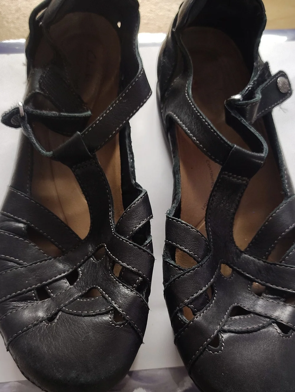 Clarks Black Leather Cutout Strappy Sandals